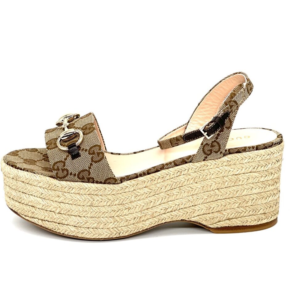 Gucci Horsebit GG Supreme Platform Espadrille Wedge Heel Sandals Shoes - Picture 5 of 16